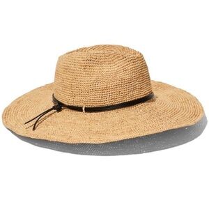 Faherty Rafia Straw Hat Wired Wide Brim Leather Trimmed Packable Beach One Size